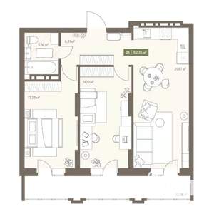 2-к квартира, вторичка, 62м2, 4/16 этаж