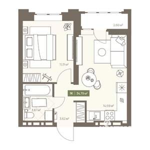 1-к квартира, вторичка, 35м2, 9/16 этаж