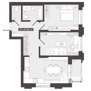 2-к квартира, строящийся дом, 64м2, 2/16 этаж