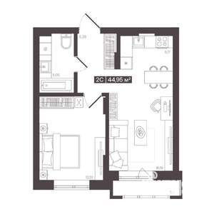 2-к квартира, строящийся дом, 45м2, 4/6 этаж
