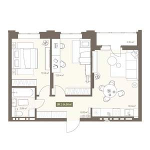 2-к квартира, вторичка, 55м2, 9/16 этаж