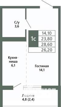 1-к квартира, вторичка, 26м2, 14/15 этаж