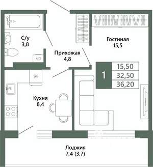 1-к квартира, вторичка, 36м2, 14/15 этаж