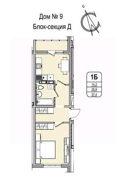 1-к квартира, строящийся дом, 37м2, 6/16 этаж