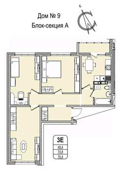 3-к квартира, строящийся дом, 76м2, 16/16 этаж