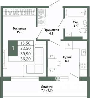 1-к квартира, вторичка, 36м2, 9/15 этаж