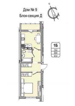 1-к квартира, строящийся дом, 37м2, 3/16 этаж