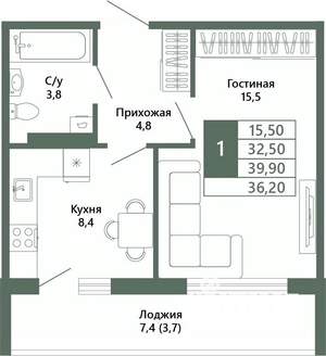 1-к квартира, вторичка, 36м2, 2/15 этаж