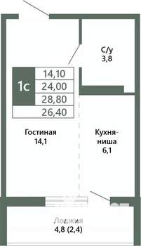 1-к квартира, вторичка, 26м2, 1/15 этаж
