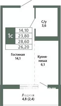1-к квартира, вторичка, 26м2, 15/15 этаж