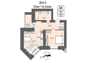 2-к квартира, строящийся дом, 56м2, 8/16 этаж