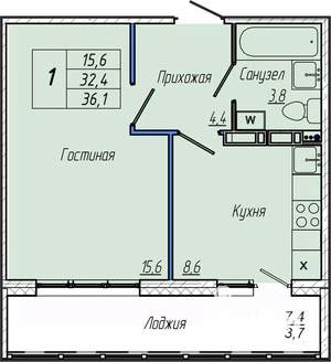 1-к квартира, вторичка, 36м2, 7/17 этаж