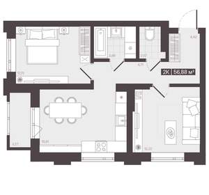 2-к квартира, вторичка, 57м2, 6/16 этаж