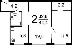 2-к квартира, вторичка, 43м2, 10/10 этаж