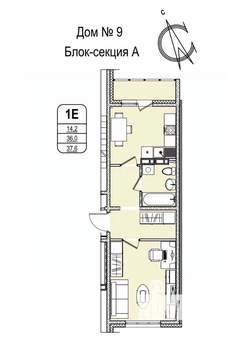 1-к квартира, строящийся дом, 38м2, 15/16 этаж