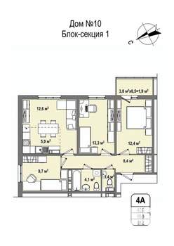 4-к квартира, строящийся дом, 69м2, 16/16 этаж
