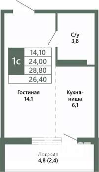1-к квартира, вторичка, 26м2, 2/15 этаж