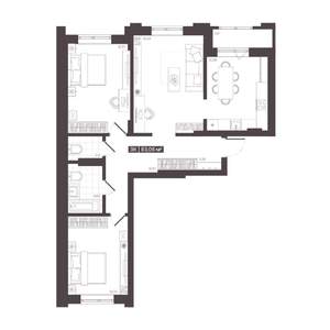 3-к квартира, строящийся дом, 83м2, 2/6 этаж