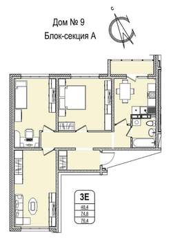 3-к квартира, строящийся дом, 76м2, 13/16 этаж