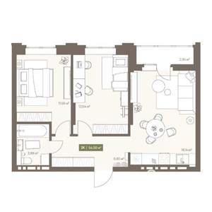 2-к квартира, вторичка, 55м2, 5/16 этаж