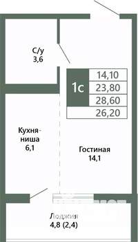 1-к квартира, вторичка, 26м2, 4/15 этаж