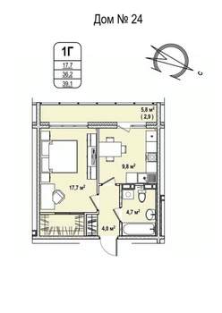 1-к квартира, строящийся дом, 39м2, 3/17 этаж