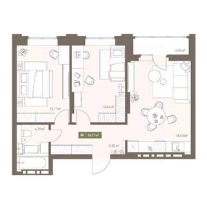 2-к квартира, вторичка, 56м2, 13/16 этаж