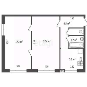 2-к квартира, вторичка, 48м2, 1/5 этаж