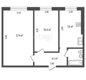 2-к квартира, вторичка, 44м2, 1/5 этаж