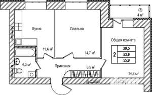 2-к квартира, сданный дом, 56м2, 12/12 этаж
