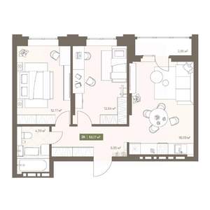 2-к квартира, вторичка, 56м2, 11/16 этаж