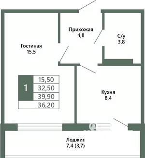 1-к квартира, вторичка, 36м2, 2/15 этаж