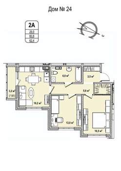 2-к квартира, строящийся дом, 62м2, 9/17 этаж