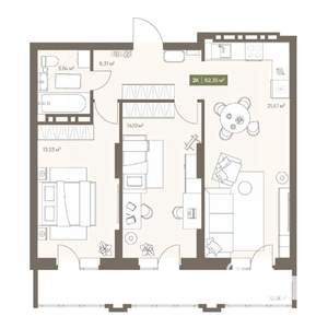 2-к квартира, вторичка, 62м2, 6/16 этаж