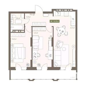 2-к квартира, вторичка, 62м2, 13/16 этаж