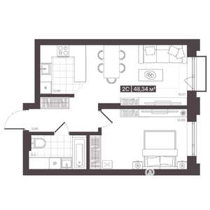 2-к квартира, строящийся дом, 48м2, 3/16 этаж