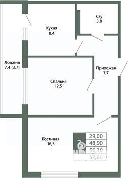 2-к квартира, вторичка, 53м2, 6/15 этаж