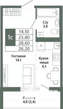 1-к квартира, вторичка, 26м2, 15/15 этаж