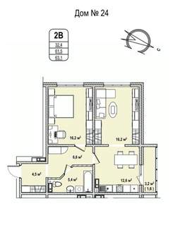 2-к квартира, строящийся дом, 63м2, 8/17 этаж