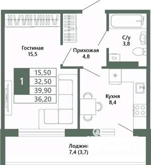 1-к квартира, вторичка, 36м2, 1/15 этаж