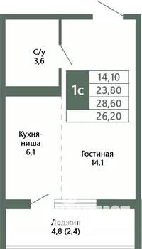 1-к квартира, вторичка, 26м2, 10/15 этаж