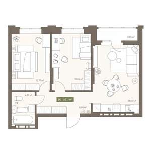 2-к квартира, вторичка, 56м2, 3/16 этаж
