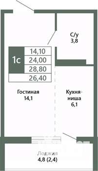 1-к квартира, вторичка, 26м2, 14/15 этаж