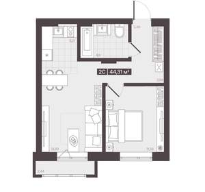 2-к квартира, вторичка, 44м2, 7/16 этаж