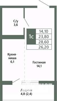 1-к квартира, вторичка, 26м2, 6/15 этаж