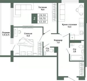 2-к квартира, вторичка, 63м2, 14/15 этаж