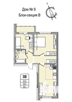 3-к квартира, строящийся дом, 55м2, 11/16 этаж