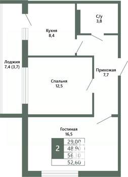 2-к квартира, вторичка, 53м2, 7/15 этаж
