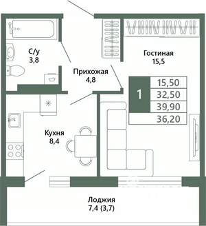 1-к квартира, вторичка, 36м2, 10/15 этаж