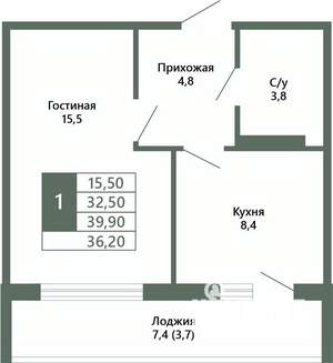 1-к квартира, вторичка, 36м2, 4/15 этаж